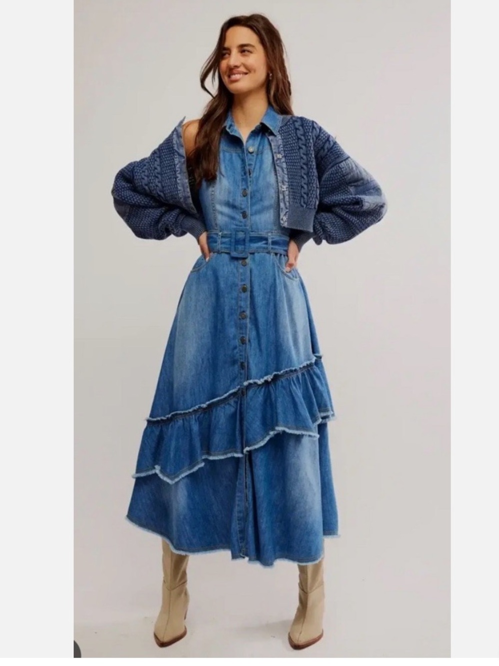 Free People Blue Denim Button-Front Tiered Ruffle Midi Dress with Belt